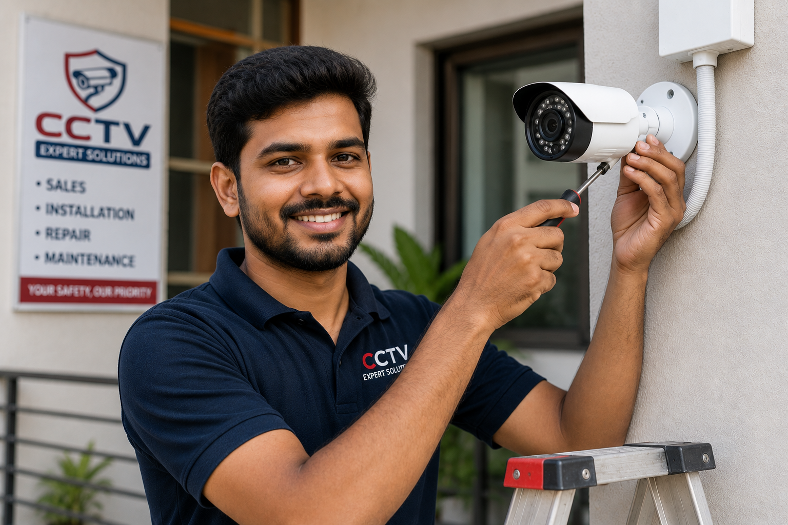 CCTV technician installing security camera